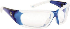 MCR Safety - Clear Lenses, Framed Safety Glasses - Anti-Fog, Scratch Resistant, Blue, White Polycarbonate/Thermoplastic Rubber Frame, Size Universal, Wrap Around - Industrial Tool & Supply