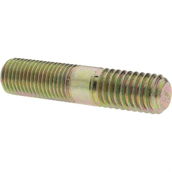 Value Collection - 7/16-20 Long Thread, 7/16-14 Short Thread, 2" OAL Unequal Double Threaded Stud - Alloy Steel, Zinc Yellow Dichromate Finish, 15/16" Long Thread Length, 3/4" Short Thread Length - Industrial Tool & Supply