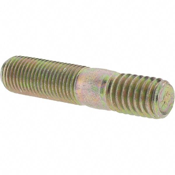 Value Collection - 3/8-24 Long Thread, 3/8-16 Short Thread, 1-3/4" OAL Unequal Double Threaded Stud - Alloy Steel, Zinc Yellow Dichromate Finish, 1" Long Thread Length, 9/16" Short Thread Length - Industrial Tool & Supply