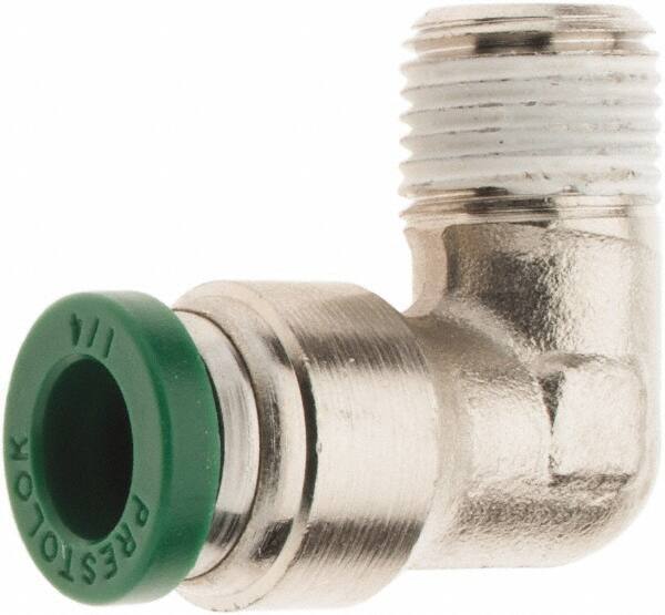 Parker - 1/4" Outside Diam, 1/8 NPTF, Nickel Plated Brass Push-to-Connect Tube Male Elbow - 300 Max psi, Tube to Male NPT Connection, Nitrile O-Ring - Industrial Tool & Supply