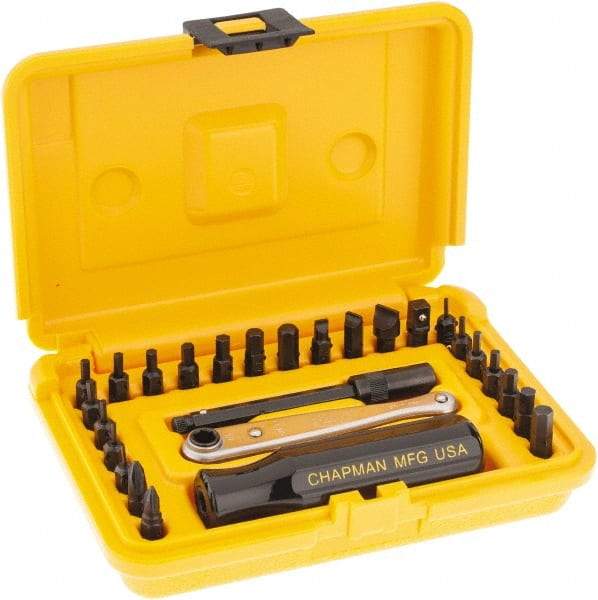 Chapman - 27 Piece, Screwdriver 1/4" Bit Ratchet Bit Set - #1 to #2 Phillips, 0.05 to 1/4" Hex, 1.5 to 6mm Hex - Industrial Tool & Supply
