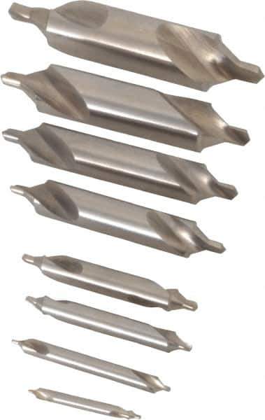 Chicago-Latrobe - 8 Piece, #11 to 18, 1/8 to 3/4" Body Diam, 3/64 to 1/4" Point Diam, Bell Edge, High Speed Steel Combo Drill & Countersink Set - 60° Incl Angle, 1/8 to 3-1/2" OAL, Double End, 217B Series Compatibility - Industrial Tool & Supply