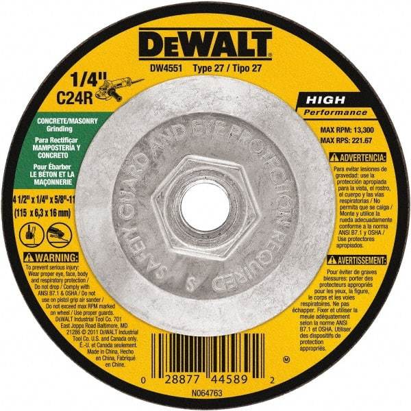 DeWALT - 24 Grit, 4-1/2" Wheel Diam, 1/4" Wheel Thickness, Type 27 Depressed Center Wheel - Silicon Carbide, Resinoid Bond, 13,300 Max RPM - Industrial Tool & Supply
