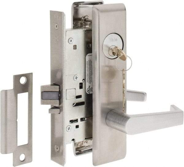 Yale - Extra Heavy Duty Storeroom Lever Lockset - 2-3/4" Back Set, Standard Mortise Cylinder, Satin Chrome Finish - Industrial Tool & Supply
