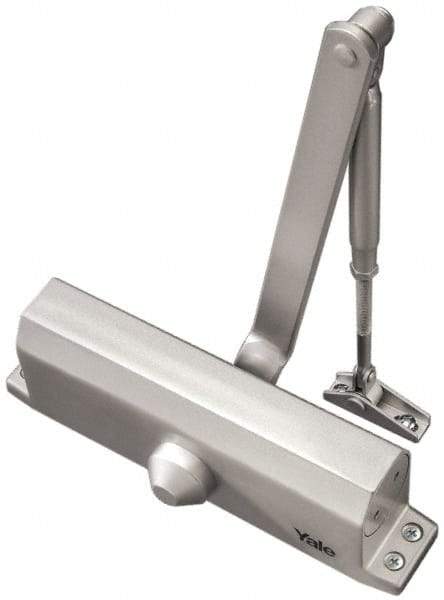 Yale - 42" Door Width, 9-3/4" Closer Body Length, Non-Handed Door Closer Manual Damper - Aluminum Finish, Non-Handed - Industrial Tool & Supply
