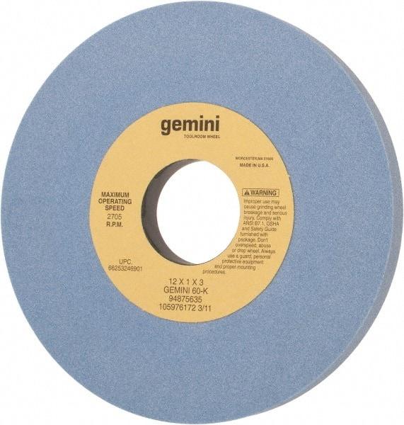 Norton - 12" Diam x 3" Hole x 1" Thick, K Hardness, 60 Grit Surface Grinding Wheel - Aluminum Oxide, Type 1, Medium Grade, 2,705 Max RPM, No Recess - Industrial Tool & Supply