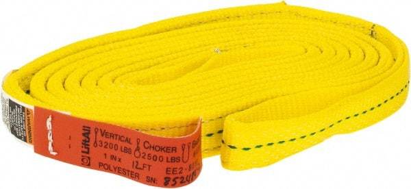 Lift-All - 12' Long x 1" Wide, 3,200 Lb Vertical Capacity, 2 Ply, Polyester Web Sling - 2,500 Lb Choker Capacity, Yellow - Industrial Tool & Supply