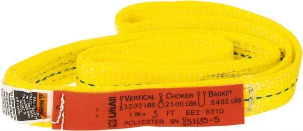 Lift-All - 3' Long x 1" Wide, 3,200 Lb Vertical Capacity, 2 Ply, Polyester Web Sling - 2,500 Lb Choker Capacity, Yellow - Industrial Tool & Supply