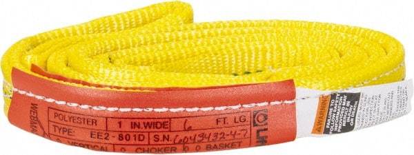 Lift-All - 6' Long x 1" Wide, 3,200 Lb Vertical Capacity, 2 Ply, Polyester Web Sling - 2,500 Lb Choker Capacity, Yellow - Industrial Tool & Supply