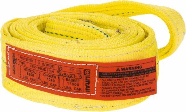 Lift-All - 10' Long x 3" Wide, 8,600 Lb Vertical Capacity, 2 Ply, Polyester Web Sling - 6,900 Lb Choker Capacity, Yellow - Industrial Tool & Supply