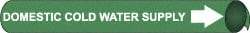 NMC - Pipe Marker with Domestic Cold Water Supply Legend and Arrow Graphic - 10 to 10" Pipe Outside Diam, White on Green - Industrial Tool & Supply