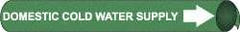 NMC - Pipe Marker with Domestic Cold Water Supply Legend and Arrow Graphic - 10 to 10" Pipe Outside Diam, White on Green - Industrial Tool & Supply