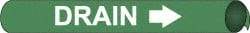 NMC - Pipe Marker with Drain Legend and Arrow Graphic - 3-3/8 to 4-1/2" Pipe Outside Diam, White on Green - Industrial Tool & Supply