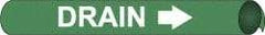 NMC - Pipe Marker with Drain Legend and Arrow Graphic - 3-3/8 to 4-1/2" Pipe Outside Diam, White on Green - Industrial Tool & Supply
