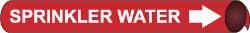 NMC - Pipe Marker with Sprinkler Water Legend and Arrow Graphic - 3-3/8 to 4-1/2" Pipe Outside Diam, White on Red - Industrial Tool & Supply