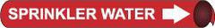 NMC - Pipe Marker with Sprinkler Water Legend and Arrow Graphic - 3-3/8 to 4-1/2" Pipe Outside Diam, White on Red - Industrial Tool & Supply