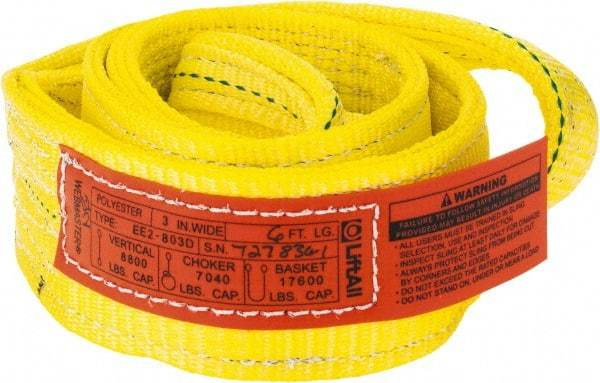 Lift-All - 6' Long x 3" Wide, 8,600 Lb Vertical Capacity, 2 Ply, Polyester Web Sling - 6,900 Lb Choker Capacity, Yellow - Industrial Tool & Supply