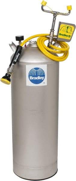 Bradley - 15 Gallon, 0.4 GPM Flow Rate at 30 PSI, Pressurized with Drench Hose Stainless Steel, Portable Eye Wash Station - 18 Min Duration, 12-1/4 Inch Wide x 30-3/8 Inch High - Industrial Tool & Supply