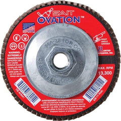 Sait - 120 Grit, 4-1/2" Disc Diam, 5/8-11 Center Hole, Type 27 Zirconia Alumina Flap Disc - 13,300 Max RPM, Fiberglass Backing, Arbor Attaching System, Coated - Industrial Tool & Supply