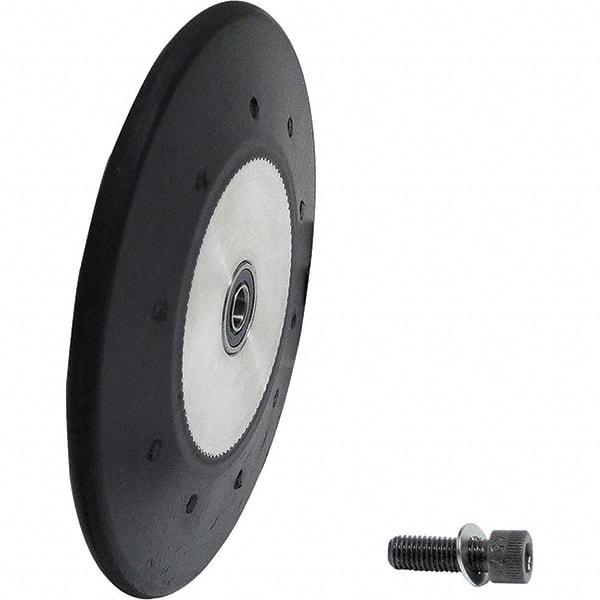 Dynabrade - 4" Diam x 1/2" Wide Contact Wheel Assembly - 1/4" Arbor Hole, Radiused, 70 Duro Rubber Face - Industrial Tool & Supply