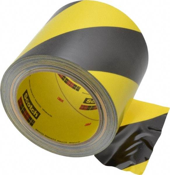 3M - Black & Yellow Striped Vinyl Tape - 4" Wide x 108' Long x 5.4 mil Thick, General Traffic - Industrial Tool & Supply