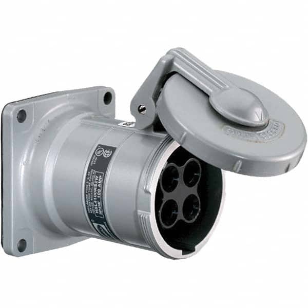 Pin & Sleeve Receptacles; Receptacle/Part Type: Receptacle; Pin Configuration: 4; Number of Poles: 3; IEC Pin & Sleeve Style: IEC 60309-2; IEC 60309-1; Amperage: 100 A; Voltage: 600 V ac; Hub Size (Inch): 1 in; Resistance Features: Water-Tight; Number Of