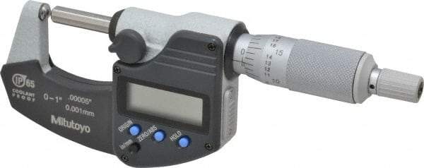 Mitutoyo - 25.4mm Max Measurement, Spherical Face Micrometer - Accuracy Up to 0.0001 Inch, Data Output, 0.0001 Inch Resolution, Electronic Operation, Ratchet Stop Thimble, IP65 Water Resistance Rating, SR44 Battery - Industrial Tool & Supply