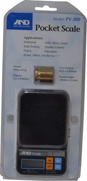 A&D Engineering - 0.2 Kg Capacity, LCD Pocket Scale - 0.1 g & 0.005 oz Graduation, Battery - Industrial Tool & Supply
