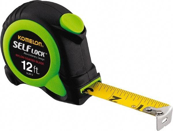 Komelon - 12' x 5/8" Yellow Steel Blade Tape Measure - 1/16" Graduation, Inch Graduation Style, High-Visibility Green/Black ABS Plastic Case - Industrial Tool & Supply