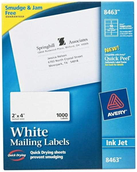 AVERY - 2" Wide x 4" Long, White Paper Shipping Label - For Inkjet Printers - Industrial Tool & Supply