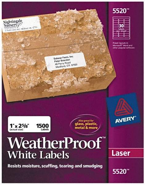 AVERY - 1" Wide x 2-5/8" Long, White Polyester Shipping Label - For Laser Printers - Industrial Tool & Supply