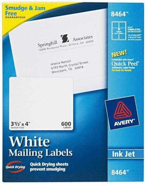 AVERY - 3.33" Wide x 4" Long, White Paper Shipping Label - For Inkjet Printers - Industrial Tool & Supply