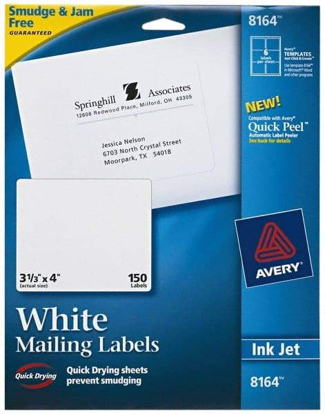 AVERY - 4" Long, White Shipping Label - For Inkjet Printers - Industrial Tool & Supply