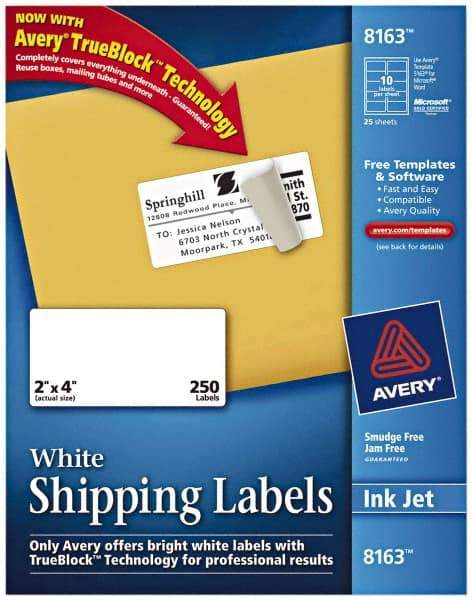 AVERY - 2" Wide x 4" Long, White Paper Shipping Label - For Inkjet Printers - Industrial Tool & Supply