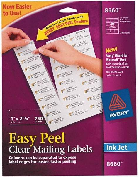 AVERY - 1" Wide x 2-5/8" Long, Clear Shipping Label - For Inkjet Printers - Industrial Tool & Supply