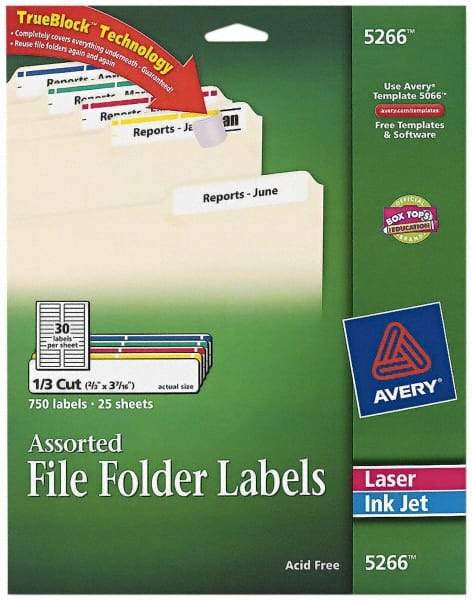 AVERY - 0.6" Wide x 3-7/16" Long, White/Blue/Green/Red/Yellow Paper File Folder Label - For Laser/Inkjet Printers - Industrial Tool & Supply