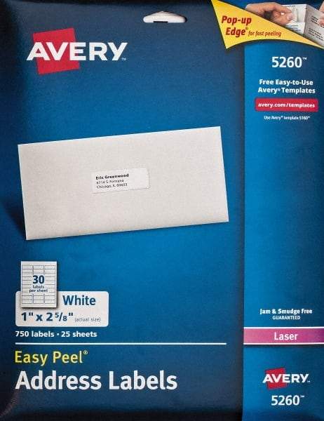 AVERY - 1" Wide x 2-5/8" Long, White Paper Shipping Label - For Laser Printers - Industrial Tool & Supply