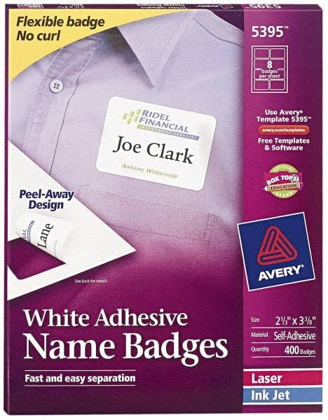 AVERY - 3-3/8" Long, White Paper Name Badge Labels - For Laser/Inkjet Printers - Industrial Tool & Supply