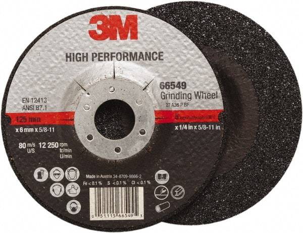 3M - 36 Grit, 5" Wheel Diam, 1/4" Wheel Thickness, Type 27 Depressed Center Wheel - Ceramic, Resinoid Bond, 12,250 Max RPM, Compatible with Angle Grinder - Industrial Tool & Supply