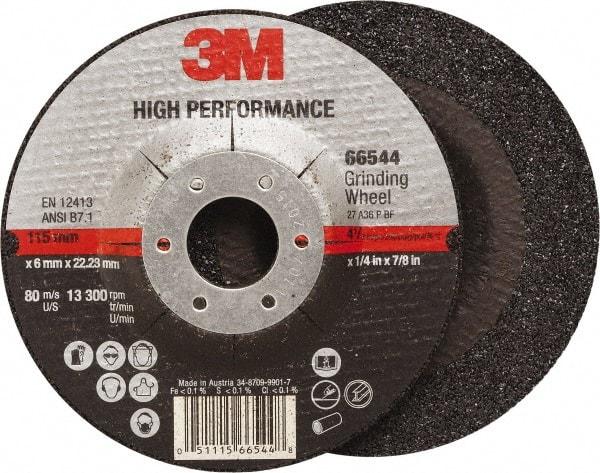 3M - 36 Grit, 4-1/2" Wheel Diam, 1/4" Wheel Thickness, 7/8" Arbor Hole, Type 27 Depressed Center Wheel - Ceramic, Resinoid Bond, 13,300 Max RPM, Compatible with Angle Grinder - Industrial Tool & Supply