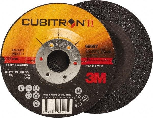 3M - 36 Grit, 4-1/2" Wheel Diam, 1/4" Wheel Thickness, 7/8" Arbor Hole, Type 27 Depressed Center Wheel - Ceramic, Resinoid Bond, 13,300 Max RPM, Compatible with Angle Grinder - Industrial Tool & Supply