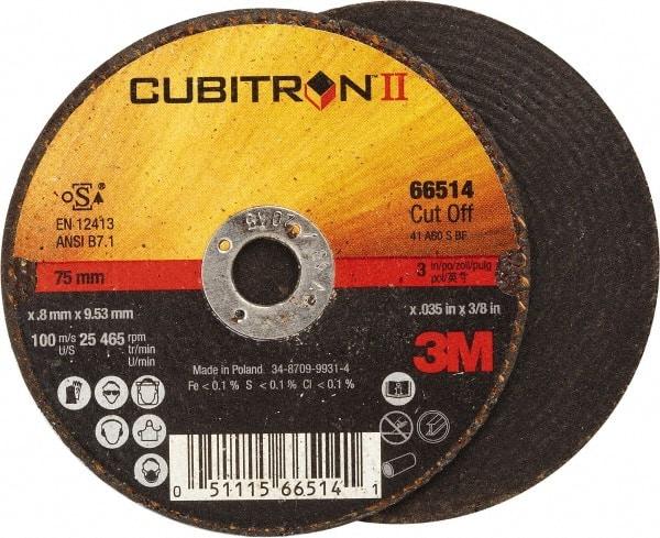 3M - 3" 60 Grit Ceramic Cutoff Wheel - 0.035" Thick, 3/8" Arbor, 25,465 Max RPM, Use with Angle Grinders - Industrial Tool & Supply