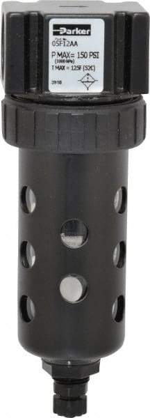 Parker - 1/4" Port, 5.91" High x 2" Wide Compact Filter with Polycarbonate Bowl, Manual Drain - 24 SCFM, 150 Max psi, 125°F Max Temp, Modular Connection, Bowl Guard, 2 oz Bowl Capacity - Industrial Tool & Supply