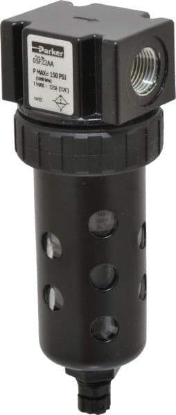 Parker - 3/8" Port, 5.91" High x 2" Wide Compact Filter with Polycarbonate Bowl, Manual Drain - 70 SCFM, 150 Max psi, 125°F Max Temp, Modular Connection, Bowl Guard, 2 oz Bowl Capacity - Industrial Tool & Supply