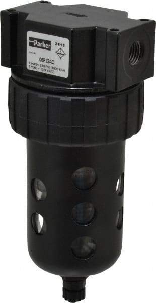 Parker - 1/4" Port, 6.22" High x 2.81" Wide Intermediate Filter with Polycarbonate Bowl, Manual Drain - 53 SCFM, 150 Max psi, 125°F Max Temp, Modular Connection, Bowl Guard, 4.4 oz Bowl Capacity - Industrial Tool & Supply