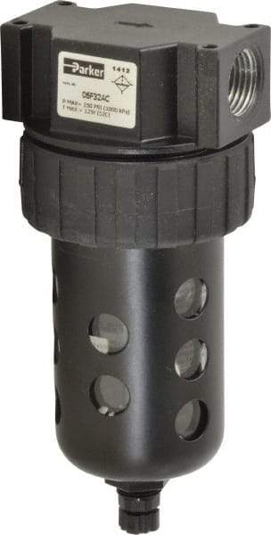 Parker - 1/2" Port, 6.22" High x 2.81" Wide Intermediate Filter with Polycarbonate Bowl, Manual Drain - 85 SCFM, 150 Max psi, 125°F Max Temp, Modular Connection, Bowl Guard, 4.4 oz Bowl Capacity - Industrial Tool & Supply