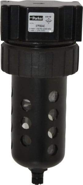 Parker - 1/2" Port, 7.67" High x 3.24" Wide Standard Filter with Polycarbonate Bowl, Manual Drain - 130 SCFM, 150 Max psi, 125°F Max Temp, Modular Connection, Bowl Guard, 7.2 oz Bowl Capacity - Industrial Tool & Supply