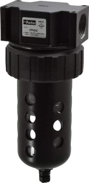 Parker - 3/4" Port, 7.67" High x 3.24" Wide Standard Filter with Polycarbonate Bowl, Manual Drain - 145 SCFM, 150 Max psi, 125°F Max Temp, Modular Connection, Bowl Guard, 7.2 oz Bowl Capacity - Industrial Tool & Supply