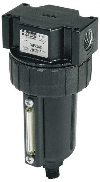 Parker - 1/2" Port, 6.22" High x 2.81" Wide Intermediate Filter with Metal Bowl, Manual Drain - 85 SCFM, 250 Max psi, 175°F Max Temp, Sight Glass Included, Modular Connection, 4.4 oz Bowl Capacity - Industrial Tool & Supply