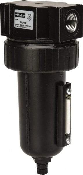 Parker - 1/2" Port, 7.67" High x 3.24" Wide Standard Filter with Metal Bowl, Manual Drain - 130 SCFM, 250 Max psi, 175°F Max Temp, Sight Glass Included, Modular Connection, 7.2 oz Bowl Capacity - Industrial Tool & Supply